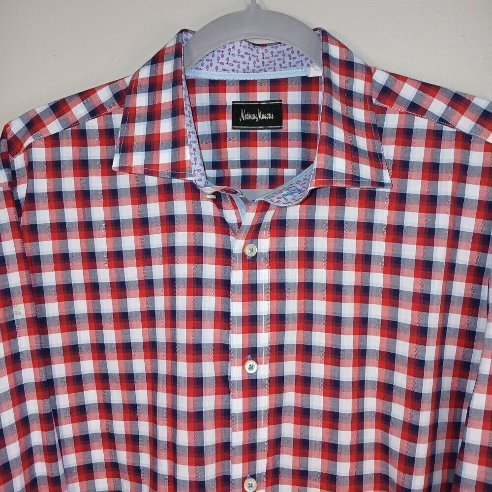 NEIMAN MARCUS BLUE AND RED CHECK BUTTON DOWN LONG SLEEVE SHIRT XL MENS